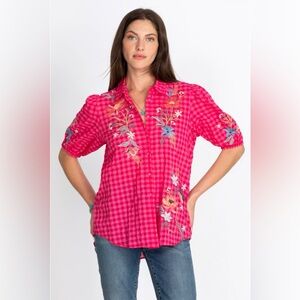 Johnny Was Jordan Lisbon Plaid Floral Embroidered Button Down Shirt Size XL